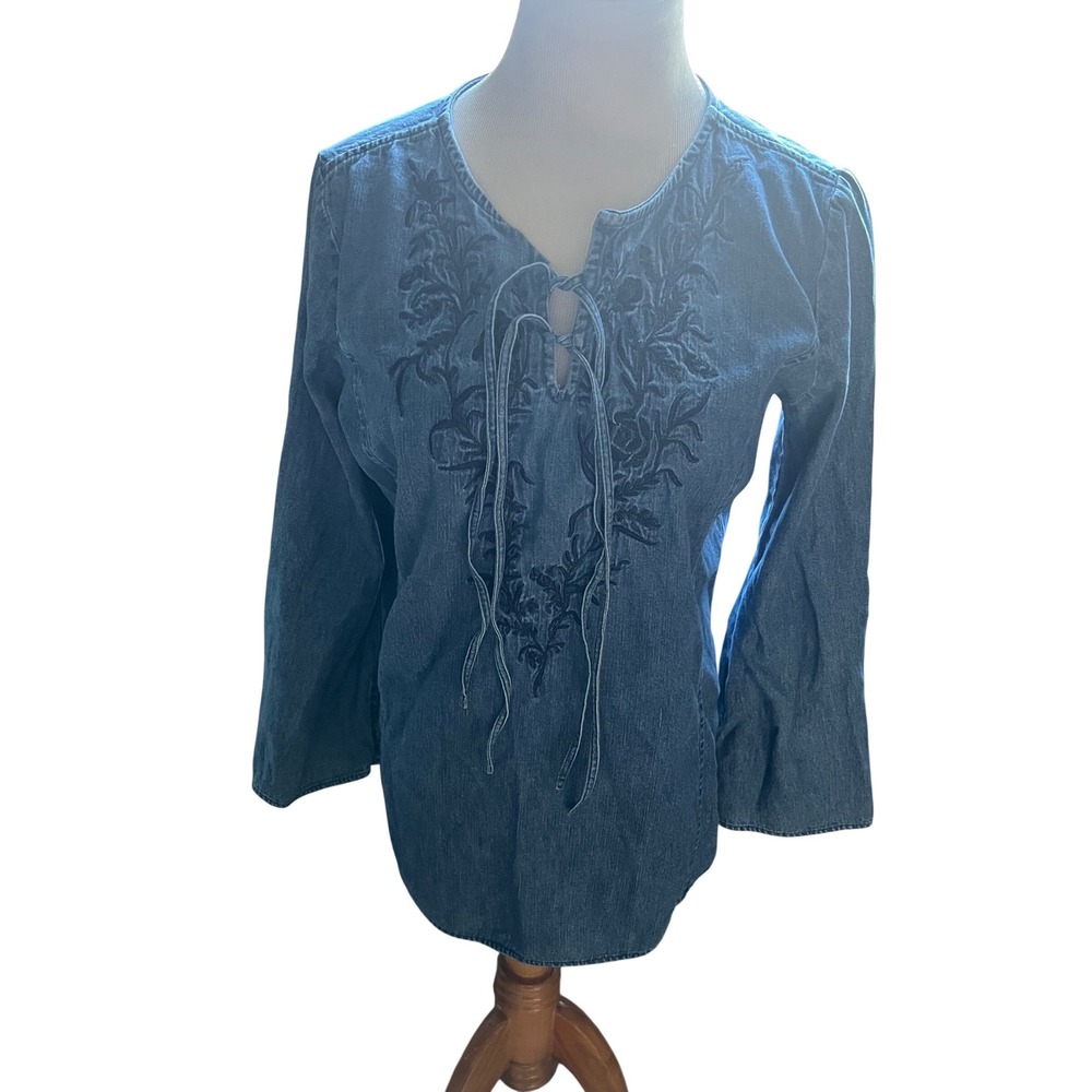 Faded Glory Womens Denim Embroidered Tunic Blouse Boho Lace Up Blue Size Medium
